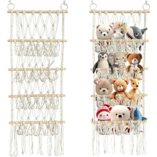 CnosDB Cuddly Toy Storage, Bohemian Style 4 Layers Stuffed Toy Storage with Seamless Nail Hooks and Wooden Pegs for Playroom, Bedroom, Children's Room