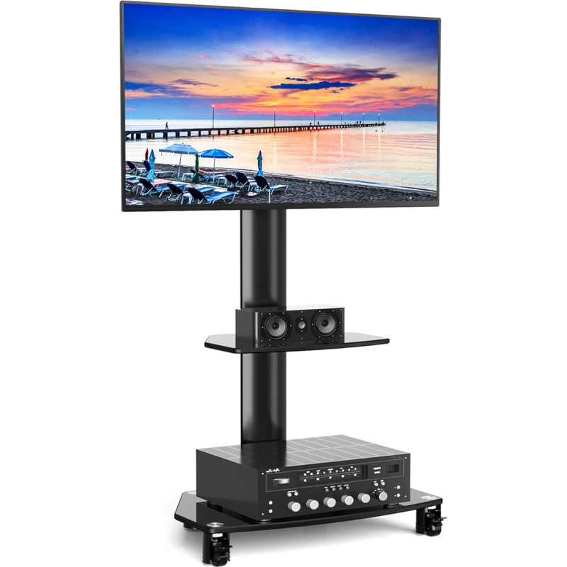 RFIVER TV Stand Rollable TV Trolley TV Stand with Wheels for 27-70 Inch Flat & Curved TVs Swivelling Height Adjustable with 2 Panels up to 50 kg Max VESA 400 x 400 mm