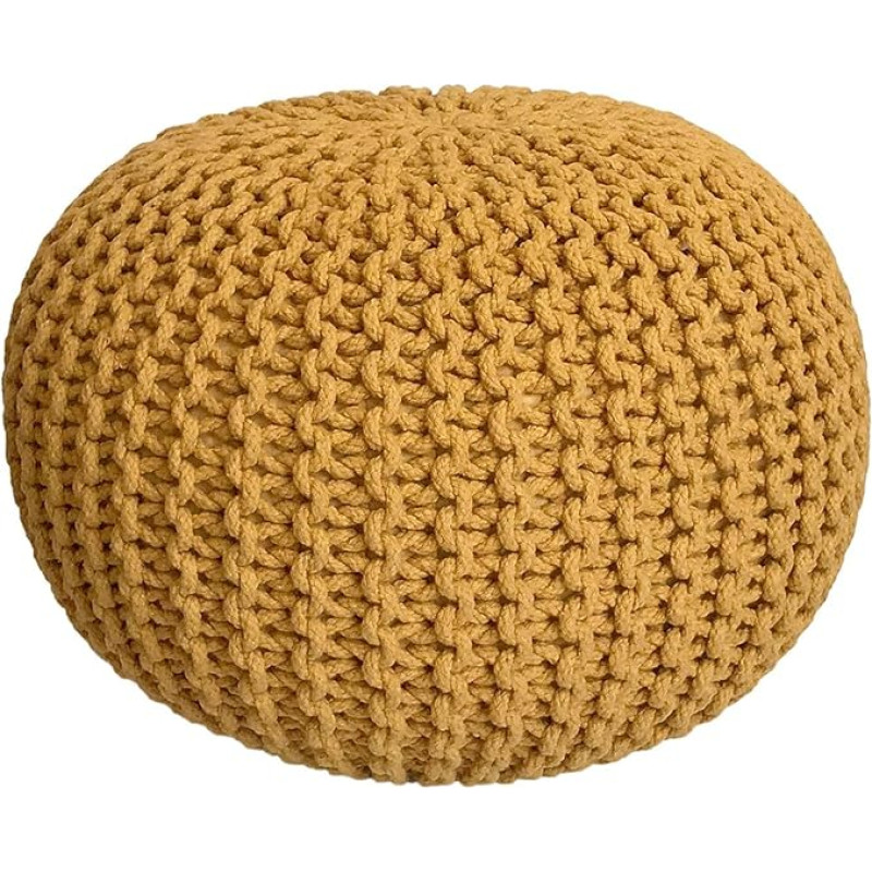 kreatives Wohnen Diameter 55 cm Knitted Stool Pouf Floor Cushion Chunky Knit Look Extra High Height 37 cm Yellow Pouf Extra Wide