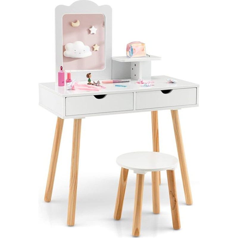 DREAMADE Children's Dressing Table with Stool and Removable Mirror, Princess Dressing Table with Drawer, Wooden Cosmetic Table, Children's Make-Up Table for Children Girls (White)