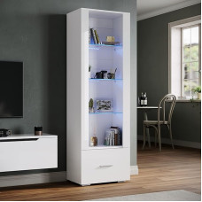 SONNI Display Cabinet with LED Lighting, Glass Display Cabinet with Drawers, White High-Gloss Front, Collector's Display Cabinet, W550 x D350 x H1720 mm