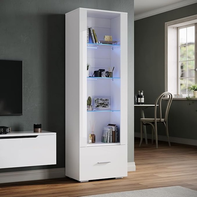SONNI Display Cabinet with LED Lighting, Glass Display Cabinet with Drawers, White High-Gloss Front, Collector's Display Cabinet, W550 x D350 x H1720 mm