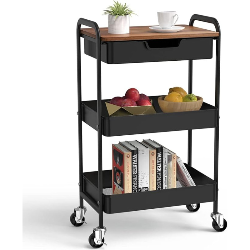 Shrivee 3-Tier Kitchen Trolley with Table and Drawer, All-purpose Trolley, Metal Uses Trolley, Shelf Trolley for Office Salon, All-Purpose Cosmetics, Serving Trolley for Kitchen, Bathroom, Office