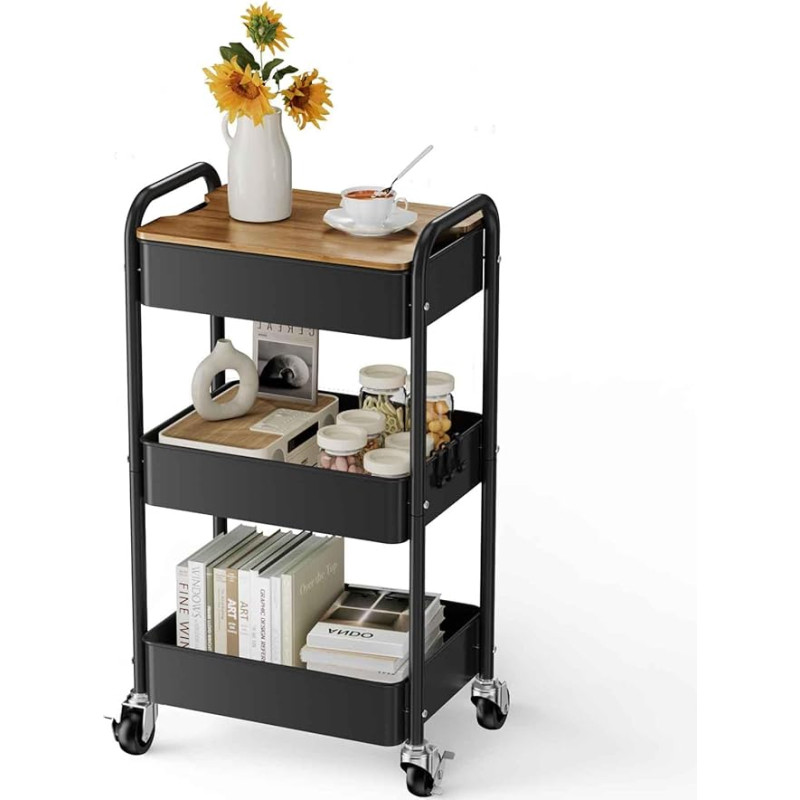 Shrivee 3-Tier Rolling Cart with Table Top, Serving Trolley, Metal Rolling Utility Trolley, Shelf on Wheels, Shelf, Organiser, Kitchen Shelf, Sturdy Utility Trolley for Kitchen, Bathroom, Office