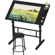 Dripex Drawing Table 0-60° Tilting Architect Table Adjustable Table Top Height Adjustable Work Table Drawing Computer Desk with Stool for Office and Home Black