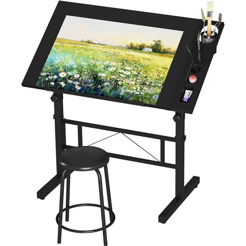 Dripex Drawing Table 0-60° Tilting Architect Table Adjustable Table Top Height Adjustable Work Table Drawing Computer Desk with Stool for Office and Home Black