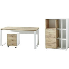Germania 3-Piece Office Furniture Set 8054-513 GW-Lioni Including Desk, Rolling Container and Filing Cabinet, White / Navarra Oak Nb