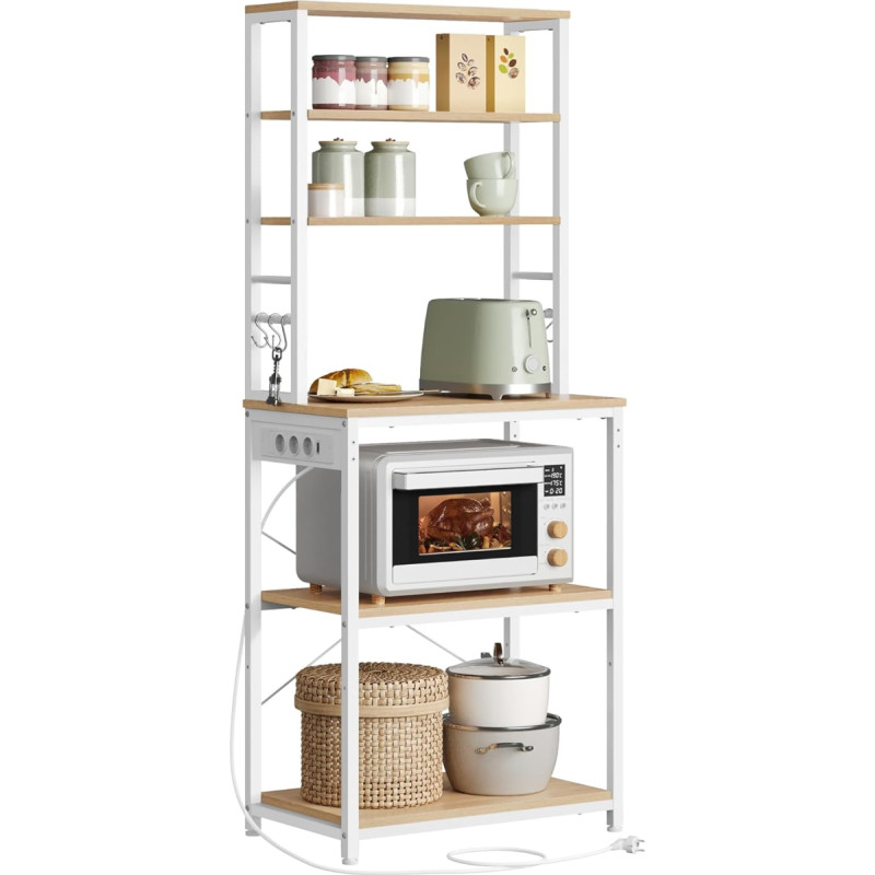 VASAGLE Kitchen Shelf with Sockets, Standing Shelf for Kitchen, Microwave Shelf, 6 Shelves, 6 Hooks, Steel Frame, 40 x 60 x 167 cm, Gold Oak Cloud White KKS124Y01