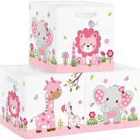 Clastyle Pack of 3 Jungle Animal Children's Storage Box Lion Giraffe Elephant Fabric Girls Storage Basket with Handles Toy Storage Cube Organiser for Books Clothes, Pink, 30 x 30 x 30 cm