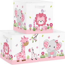 Clastyle Pack of 3 Jungle Animal Children's Storage Box Lion Giraffe Elephant Fabric Girls Storage Basket with Handles Toy Storage Cube Organiser for Books Clothes, Pink, 30 x 30 x 30 cm