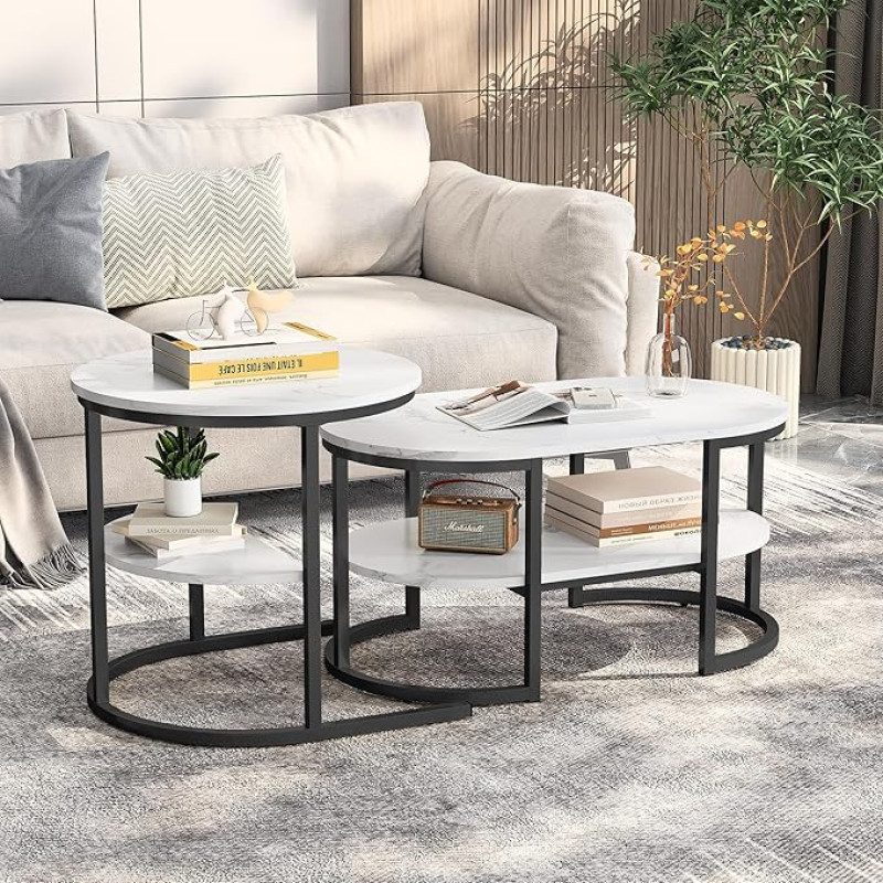 Nesting Couchtisch 2er Set, Elipse Tisch und runder Tisch, Beistelltisch mit Stauraum,stapelbar, Nisttische mit stabilem Metallrahmen und Marmormuster,Wohnzimmertisch Nisttisch (Schwarz)