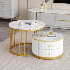 Irrun 2-Piece Coffee Table Set, Round Tables with Round Drawer, Nesting Combination Coffee Table with Drawer, Large Capacity Coffee Table Set, High Gloss Marble Look