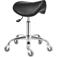 BEWISHOME Saddle Stool with Wheels, Swivel Adjustable Rolling Stool, Durable PU Leather with Wide Seat Pad, Ergonomic for Beauty Salons, Spas and Clinics (Black)