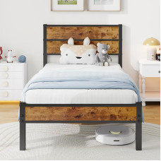 JUISSANO Single Bed 90 x 200 cm with Wooden Headboard, Bed Frame with Metal Slatted Frame, Single Bed, Bed Frame, Metal Bed, 90 x 200 cm with Storage Space, Robust and Stable Bed Frame, Brown