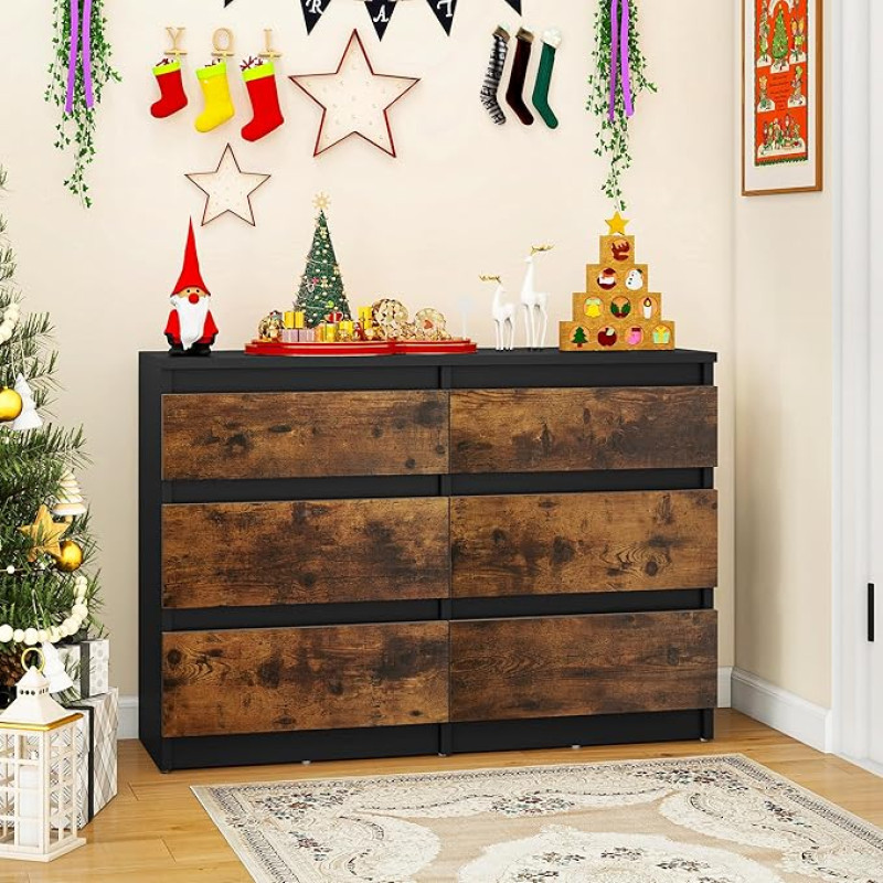 YITAHOME Chest of Drawers Bedroom Furniture Wooden Chest of Drawers 6 Drawers with Runners Bedroom Storage Modern Bedroom Cabinet 100 x 30 x 70 cm (Black Rustic Brown)