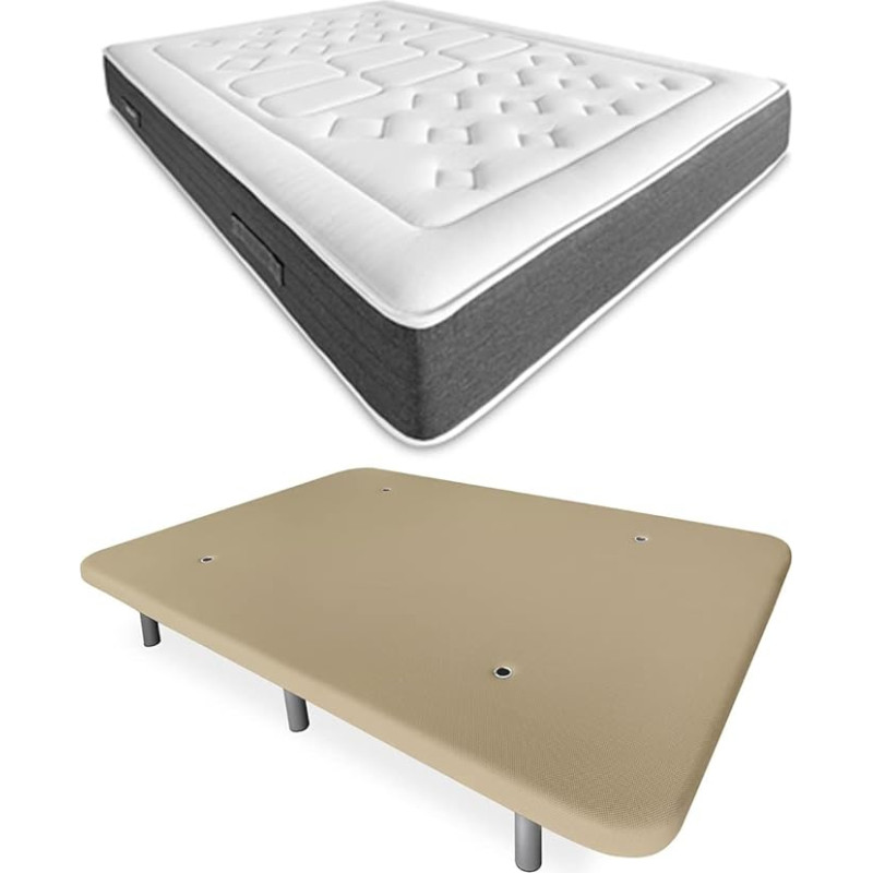 DUÉRMETE ONLINE Bio Nature Full Bed with Memory Foam Mattress + Reinforced Upholstered Base in Beige with 6 Metal Legs, 135 x 190 cm