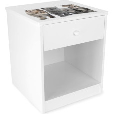 Leomark Wooden Cat Bedside Table with Drawer, Children's Bedside Cabinet, White with Print, Height 40 cm