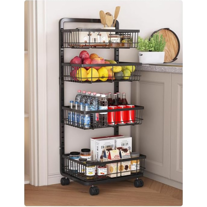 UMDONX Vegetable Storage Rack, 4 Tier Metal Kitchen Cart on Wheels, Fruit and Vegetable Cart Organiser Shelf for Kitchen, Bedroom, Bathroom (Black, 42 x 32 x 87 cm)