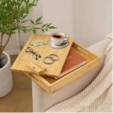 Sofa Armrest Tray Flexible Wooden Bamboo Drink Holder Armrest, Two-Tier Clip On Tray Sofa Table with 360° Rotating Table Top and Mobile Phone Holder for Snacks, Mobile Phones, Controllers