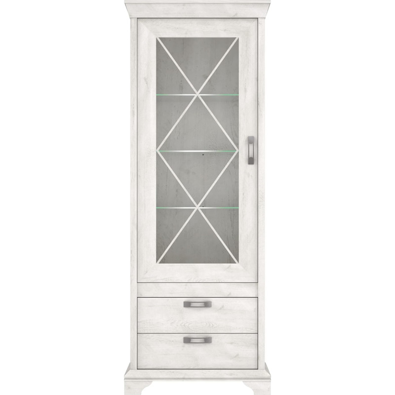 Forte Kashmir Display Cabinet with 1 Glass Door and 2 Drawers and Lighting, Wood Composite, Pine White, W x H x D: 78 x 210.3 x 48.2 cm