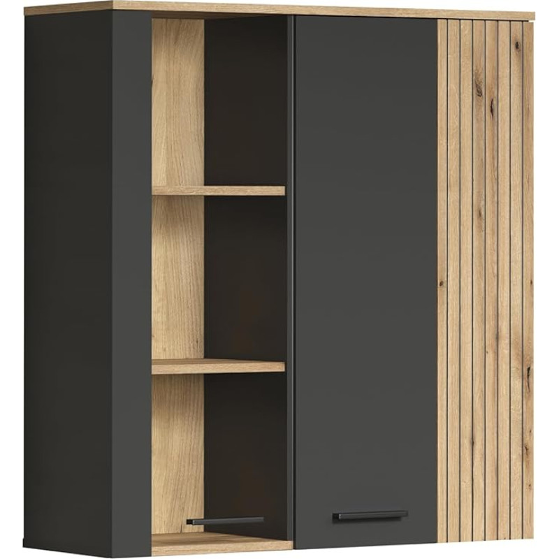 trendteam smart living - Esteban - Display Cabinet - Anthracite/Evoke Oak - Hanging Display Case with 6 Compartments - (W x H x D) 90 x 99 x 34 cm - Wall Cabinet in Groove Look - Scratch-Resistant