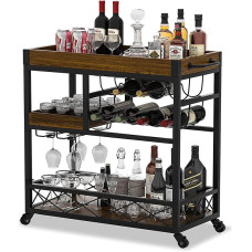haiorjun Serving Trolley Bar with Wheels, Mobile Bar Trolley, Wood, Vintage Industrial Style with Removable Tray, 3 Levels, Kitchen Trolley, Trolley (85 x 40 x 90 cm)