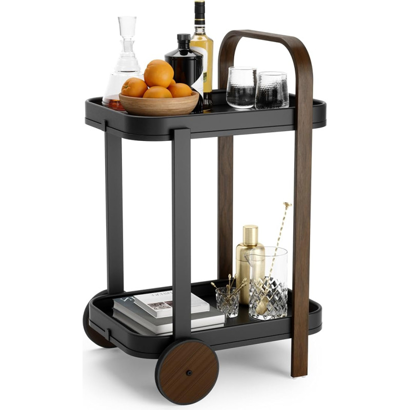 Umbra Bellwood Black Walnut 2 Tier Bar Cart & Storage with Removable Metal Trays