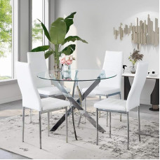 GOLDFAN Dining Table with 4 Chairs Dining Table Round Glass Modern Kitchen Table Dining Room Chair Leather Kitchen Chair White