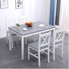 SogesPower Dining Set for 4 People, Dining Table with 4 Chairs, Wooden Kitchen Table Set, Dining Room Table and Chairs, Space-Saving Furniture Set for Kitchen and Living Room, Grey/White