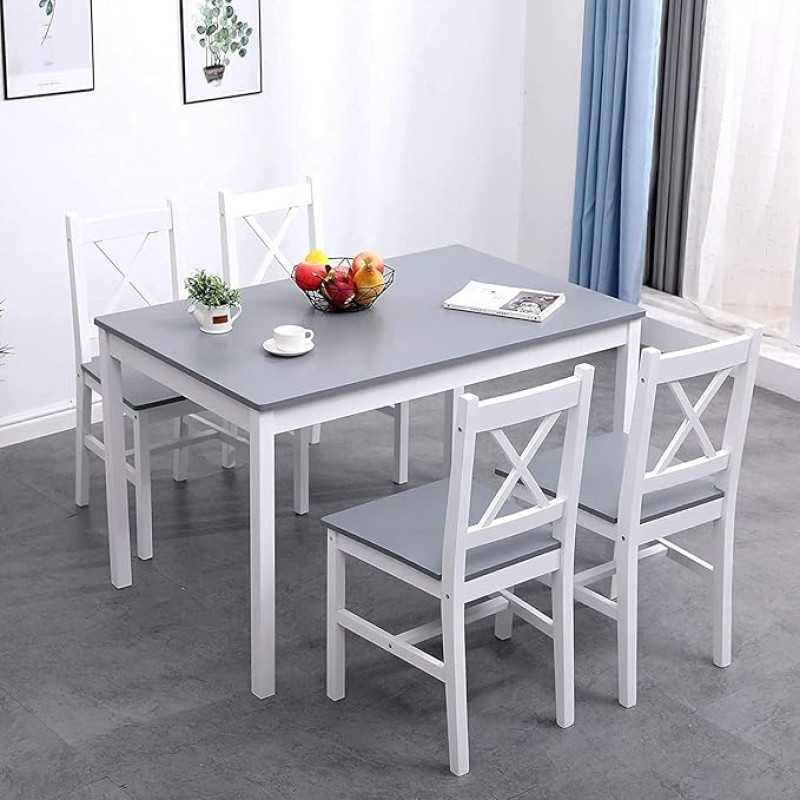 SogesPower Dining Set for 4 People, Dining Table with 4 Chairs, Wooden Kitchen Table Set, Dining Room Table and Chairs, Space-Saving Furniture Set for Kitchen and Living Room, Grey/White