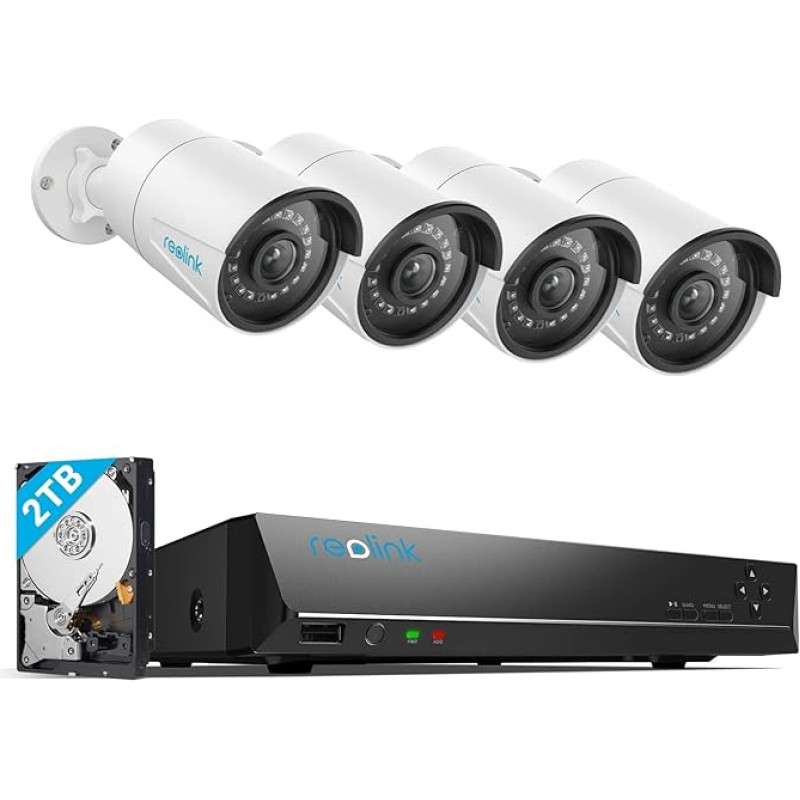 Reolink 5MP PoE Video Security Camera System, 8CH 4 Outdoor 5MP Surveillance IP Cameras with 2TB HDD NVR 100ft Night Vision Audio Recording CCTV Kits RLK8-410B4-5MP