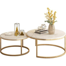 Elegant Round Coffee Table with Marble Top, Set of 2, Gold Metal Base, Nesting Tables for High Quality Living Room Furniture