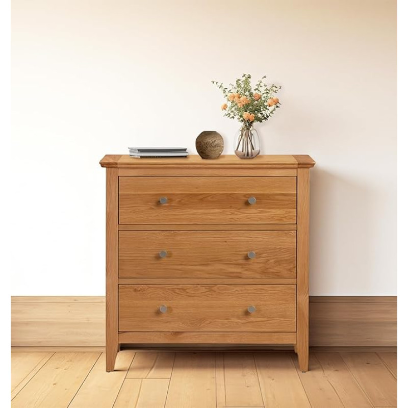 Hallowood Furniture Hereford Oak Chest of Drawers, 3 Wooden Chest of Drawers, Small Solid Light Oak Chest of Drawers for Bedroom, Living Room & Hallway, Fully Assembled Bedroom Furniture