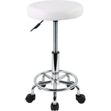KKTONER Wheeled Stool Height-Adjustable 49-64 cm with Footrest Rotatable Faux Leather White