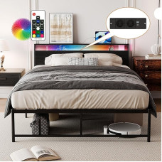 BEXEVUE 140 x 200 cm Bed with LED and Socket, Metal Bed Frame with Headboard, Modern Bed Frame with Storage Space, Robust and Durable, Easy to Assemble, Ideal for Bedroom and Guest Room
