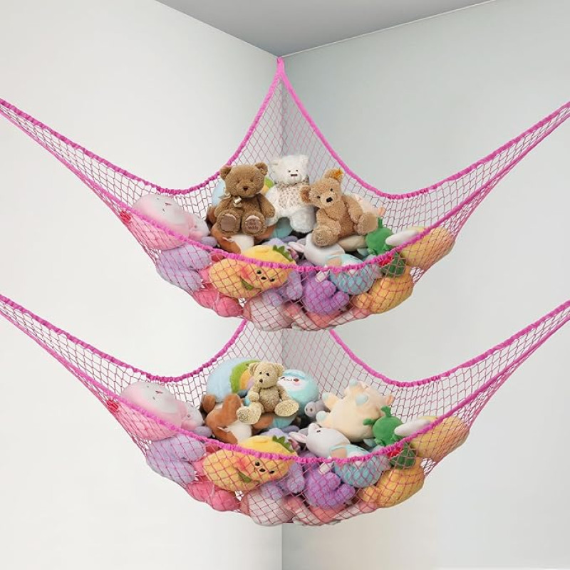 Powkoo Teddy Hammock, Extra Large Toy Hammock for Stuffed Animals, Soft Cuddly Toy Storage Net for Kids Room, Toddler Room, Nursery Decoration, Pink, Pack of 2