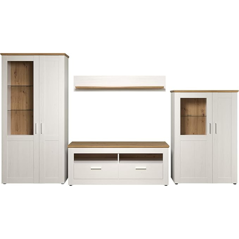trendteam smart living - Shade - Living Room Combination - White/Oak - Display Cabinet High, TV Bottom, Wall Shelf, Display Cabinet Half Height - (W x H x D) 368 x 194 x 45 cm - Silver-Coloured