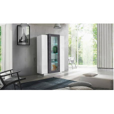 Dmora Modern Display Cabinet with Glass Door, Made in Italy, with White LED Light, Sideboard with Shelves, Living Room Display Cabinet, 80 x 38 x 121 cm, Glossy White and Ash Grey