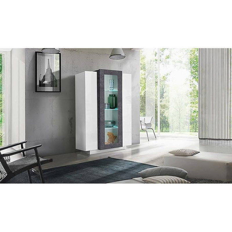 Dmora Modern Display Cabinet with Glass Door, Made in Italy, with White LED Light, Sideboard with Shelves, Living Room Display Cabinet, 80 x 38 x 121 cm, Glossy White and Ash Grey