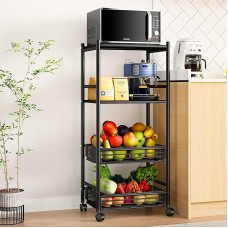 Microwave Kitchen Rack 4 Tier Metal Baker's Rack with Wheels Coffee Bar Station with Storage Space (Black)