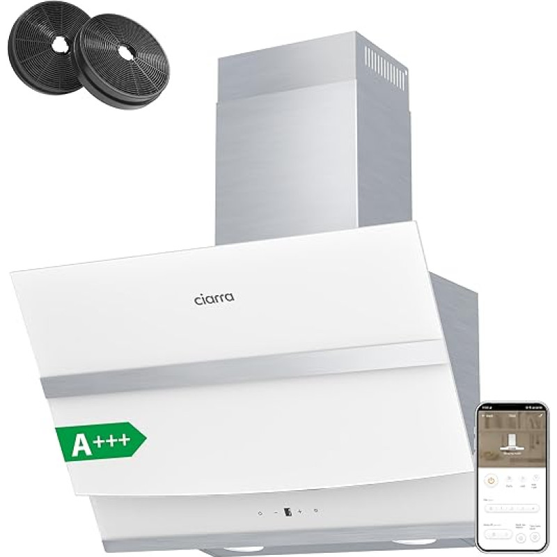 CIARRA A+++ ASW6736N Cooker Hood 60 cm Recirculation 650 m³/h App Touch Operation Headless Slant Hood Booster Dimmable LED Lighting CBCF003 Carbon Filter Stainless Steel Glass White