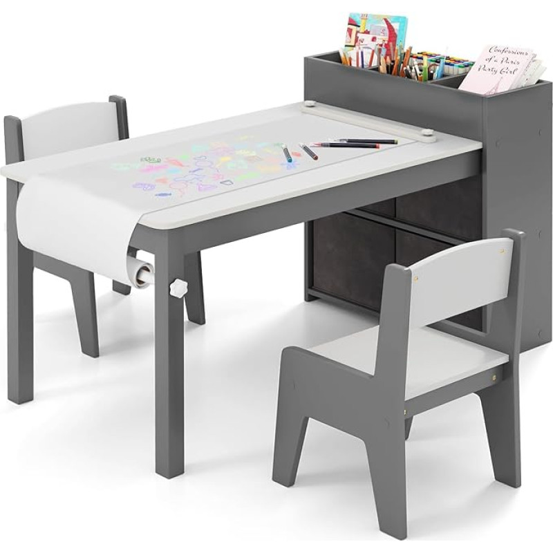 FANTASK Children's Table with 2 Chairs 2 in 1 Wooden Storage Set Grey