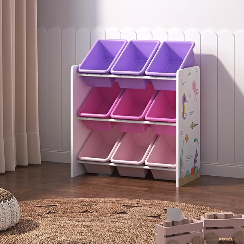 [en.casa] Muxía Children's Shelf with 9 Storage Boxes, Toy Shelf with Ocean Motif, Play Shelf, White, Pink, Purple, Children's Room Organiser