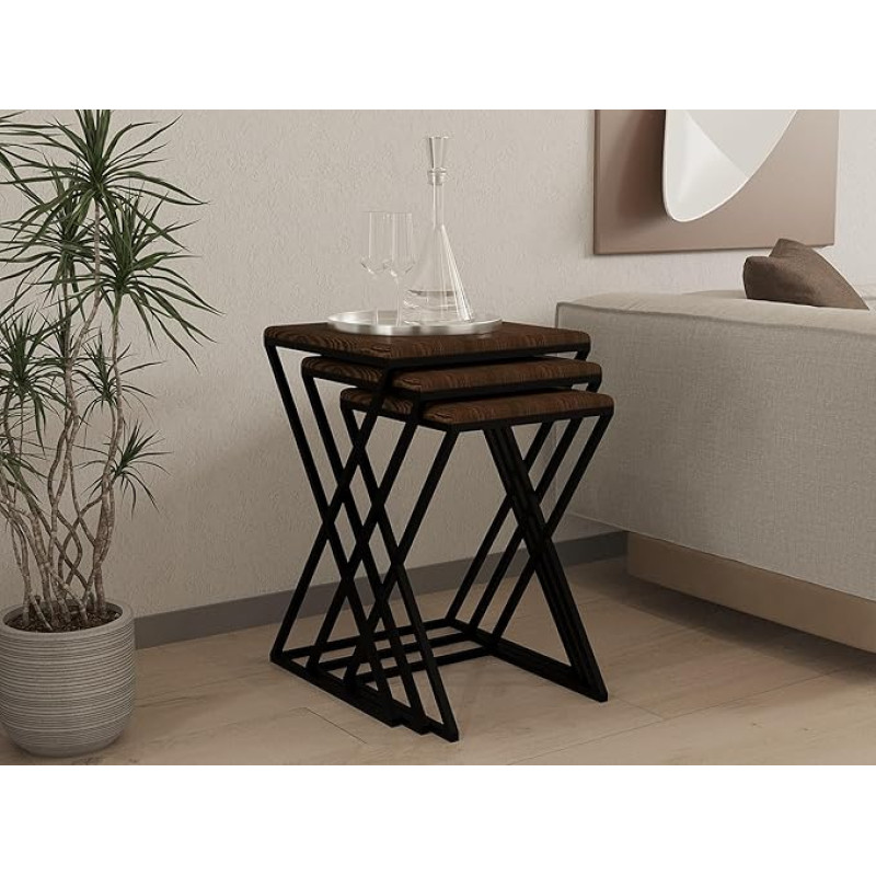 Modern Nesting Table Set (3 Pieces) - 100% Pine Wood & Metal Frame, Walnut & Black, 18 mm Thick, Stylish & Functional for Home and Office