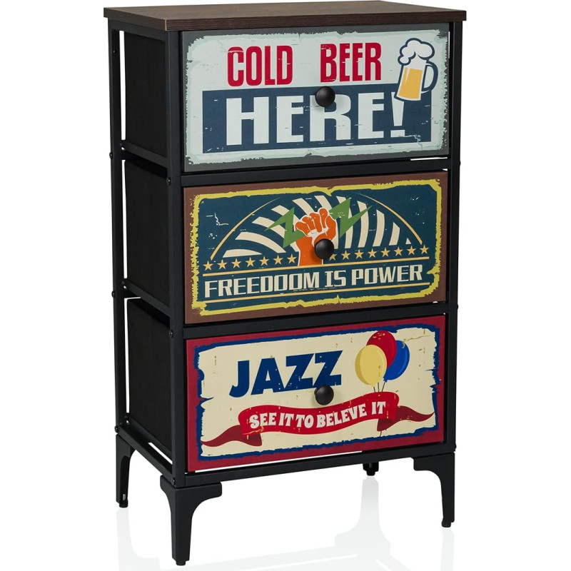 hjh LIVING Chest of Drawers with 3 Drawers Made of Non-Woven America S 77 x 30 x 45 cm Vintage Look with Motifs Metal Frame