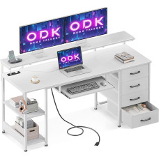 ODK Desk with 4 Drawers, Computer Desk with 2 Sockets and 2 USB Charging Ports, PC Table with Shelf, Gaming Table with Keyboard Shelf for Office, Living Room (White, 160 x 52 cm)