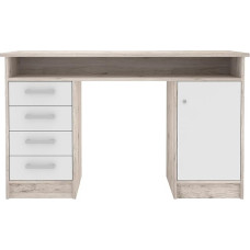 Forte NET 106 Desk 120 130, Modern Desk with 4 Drawers and 1 Door, Computer Desk, Home Office, Composite Wood, Sand Oak Decor/White, 126 cm Wide x 75.8 cm High x 55 cm Deep