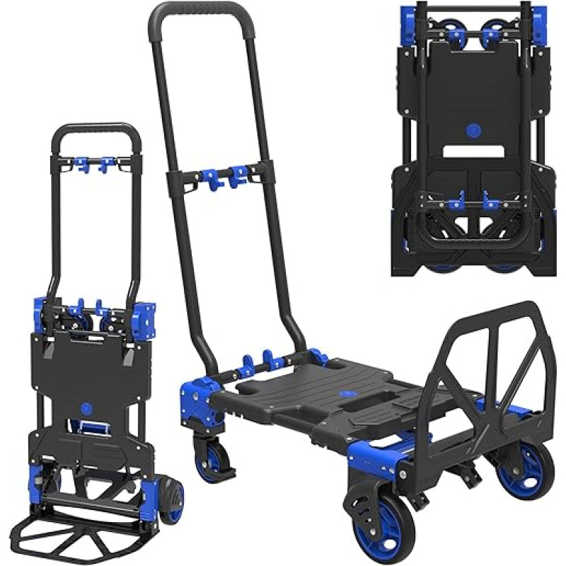 TROOZY 2-in-1 Foldable Sack Truck and Dolly Trolley, 150 kg, Heavy Duty Trolley with Retractable Handle and 4 Rubber Wheels, Portable Foldable Dolly for Luggage/Travel/Office