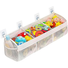 Großes Badespielzeug-Aufbewahrungsnetz mit 4 Saugnapf-Haken, 66,3 cm, schnell trocknend, Netz-Organizer für Baby-Badespielzeug, 3 Fächer & Seitentaschen (UK-Badezimmer-Zubehör) (weiß)