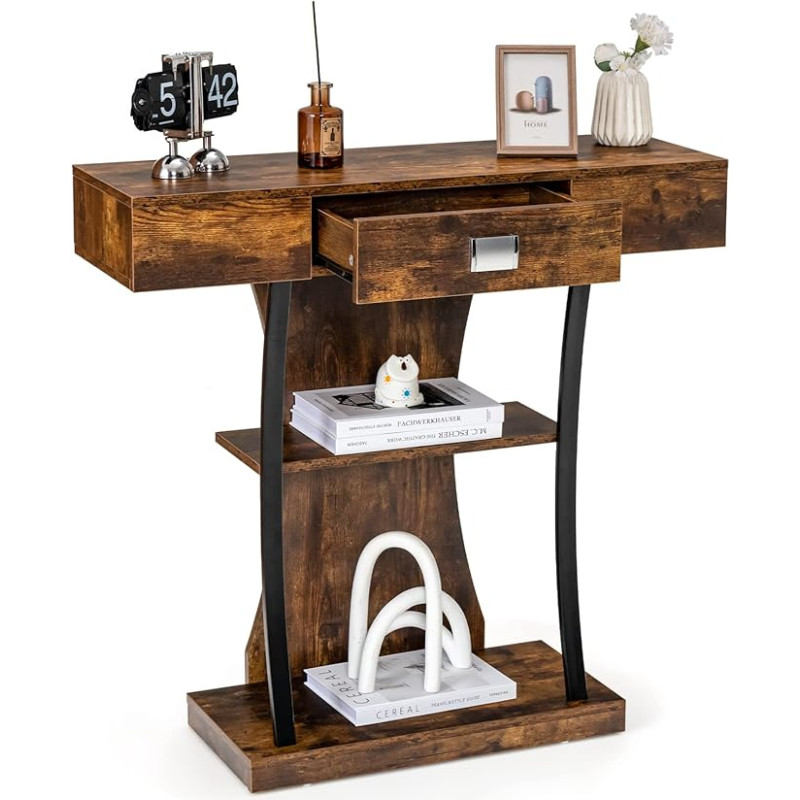 LIFEZEAL Narrow Console Table, Hallway Table with 3 Levels, Wooden Side Table with Drawer, Sideboard Console Table for Entrance, Hallway, Living Room, Rustic Brown (Brown)